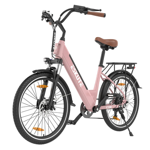 ESKUTE C100 Electric Bike - Motor 250W Battery 36V10.4Ah 26 Inch Tires Disc Brakes - Pink
