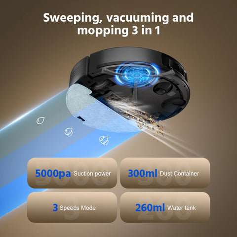 Teendow D10S Plus Robot Vacuum - 5000Pa Suction Power, 3200mAh Battery, 300ml Dust Bin, 180 Minutes of Battery Life, 70dB Quiet - Black