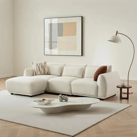 YHL Voyura10-BEIGEWHITEM odern Style Teddy Fabric Recliner Sofa - Sinuous Springs Seat - Overall L-Shaped - Off-White
