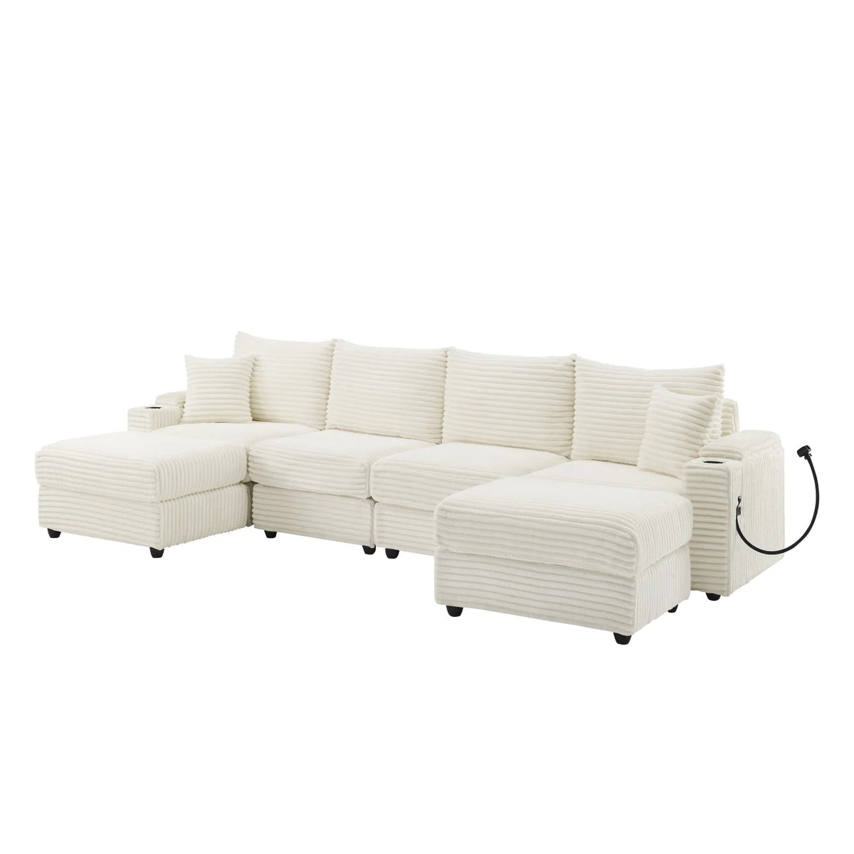 YHL Voyura 2231-BEIGEWHITE Modern Corner Sofa with Sleeper Function Reversible Corduroy Recliner - Cushion Foam - Off-White