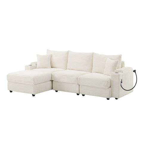 YHL Voyura 2231-BEIGEWHITE Modern Corner Sofa with Sleeper Function Reversible Corduroy Recliner - Cushion Foam - Off-White