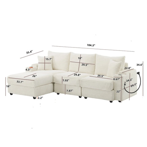YHL Voyura 2231-BEIGEWHITE Modern Corner Sofa with Sleeper Function Reversible Corduroy Recliner - Cushion Foam - Off-White