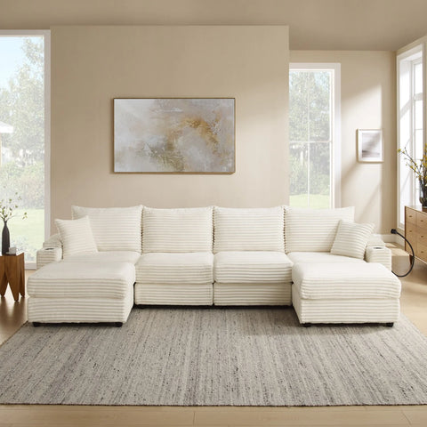 YHL Voyura 2231-BEIGEWHITE Modern Corner Sofa with Sleeper Function Reversible Corduroy Recliner - Cushion Foam - Off-White