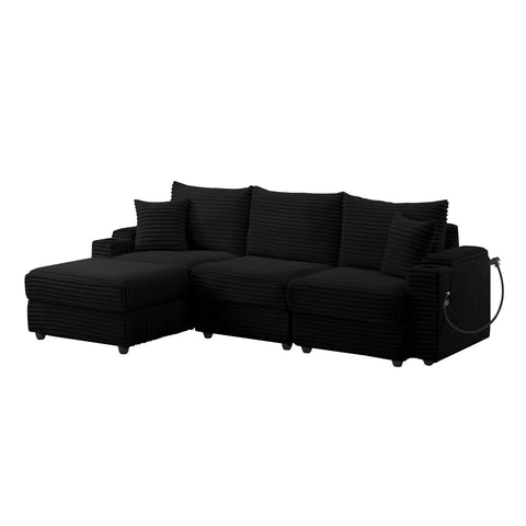 YHL Voyura 2231-BLACK Modern Corner Sofa with Sleeper Function L-Shaped Corduroy Recliner Sofa - Frame Solid Wood - Black