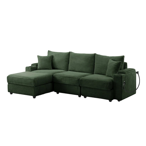 YHL Voyura 2231-DARKGREEN Modern Corner Sofa with Sleeper Function Corduroy Recliner Coil Spring Seat - Dark Green
