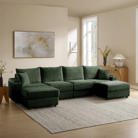 YHL Voyura 2231-DARKGREEN Modern Corner Sofa with Sleeper Function Corduroy Recliner Coil Spring Seat - Dark Green