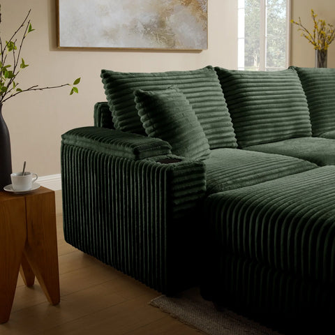 YHL Voyura 2231-DARKGREEN Modern Corner Sofa with Sleeper Function Corduroy Recliner Coil Spring Seat - Dark Green