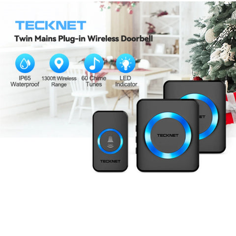 TECKNET HWD01888 Wireless Doorbell – 60 Chimes 5 Volume Levels LED 400m - Black