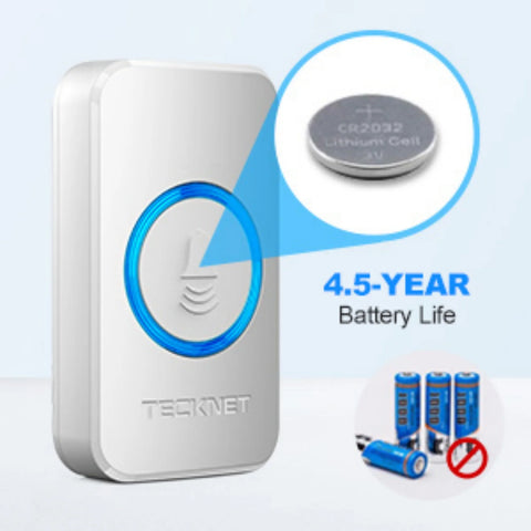 TECKNET HWD01888 Wireless Doorbell - 60 Chimes 5 Volume Levels - 400m Range - White
