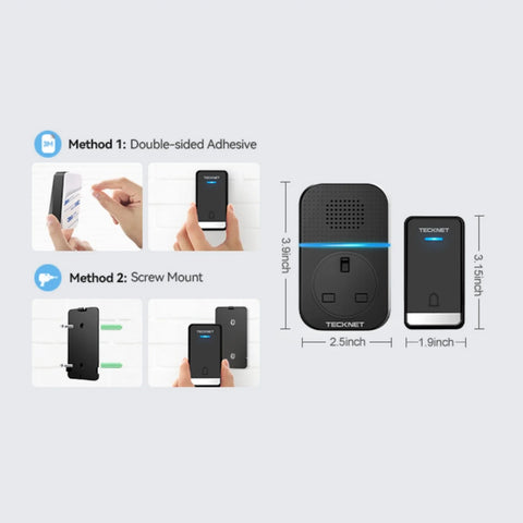 TECKNET TK-WD002 Wireless Doorbell with 60 Chimes 5 Volume Levels LED Black