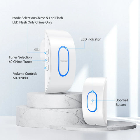 TECKNET TK-WD004 Wireless Doorbell 400m range 60 Chimes 5 Volume Levels -White