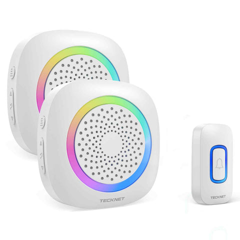 TECKNET TK-WD996 Wireless Doorbell 60 Chimes Waterproof 400m Range -1 Transmitter & 2 Receivers - White