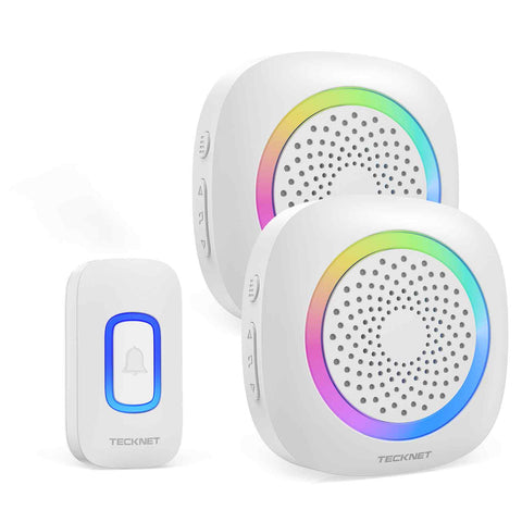 TECKNET TK-WD996 Wireless Doorbell 60 Chimes Waterproof 400m Range -1 Transmitter & 2 Receivers - White