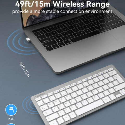 TECKNET X315 Wireless Ergonomic Keyboard - 78 Keys - Silent - Ultra-Thin - Long Battery - Silver