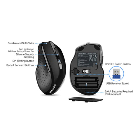 TECKNET M003 Wireless Ergonomic Silent Mouse - 6 DPI -Rechargeable - Black
