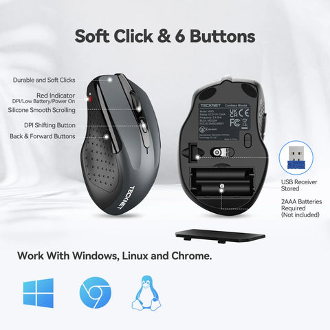 TECKNET M003 Ergonomic Wireless Mouse - 5 DPI USB Stable Connection Multi-device compatible - Gray