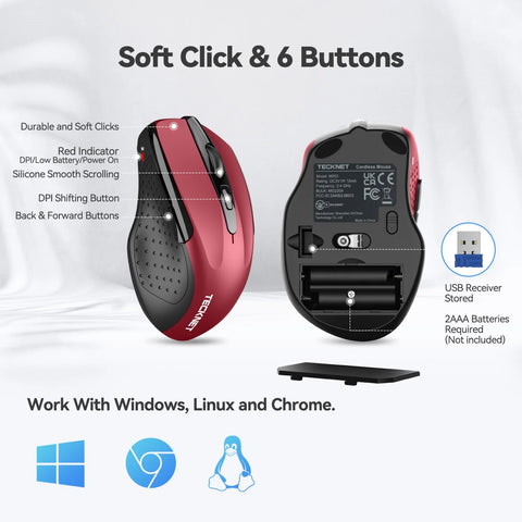 TECKNET TK-MS009 Wireless Ergonomic Silent Mouse - 6 DPI Adjustable - Rechargeable - Red