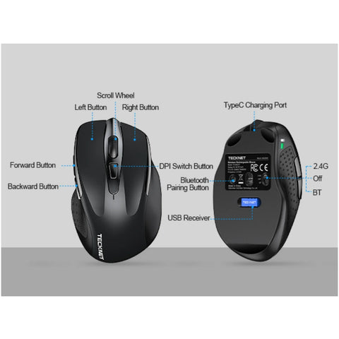 TECKNET TK-MS317 Wireless Ergonomic Mouse - 6 DPI Silent Click - Bluetooth - Black