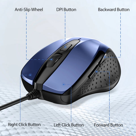 TECKNET UM013 Ergonomic Wired Mouse - 4 DPI Durable 6M Clicks Plug & Play - Blue