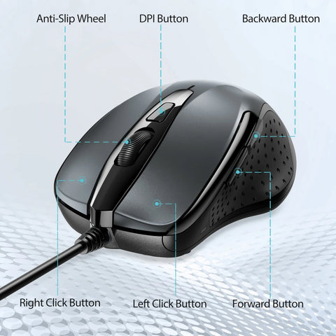 TECKNET UM013 Ergonomic Wired Mouse - 4 DPI Durable 6M Clicks Plug & Play - Gray