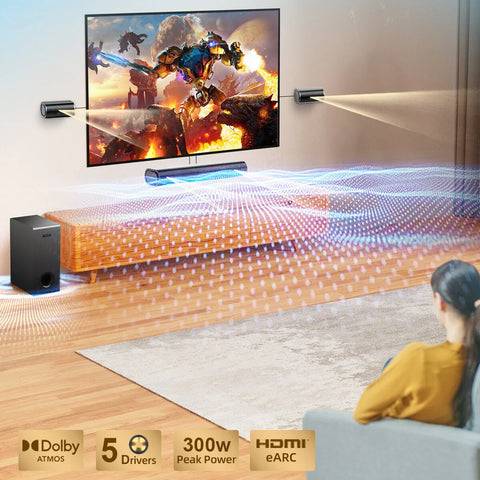 Hiwill A41 4.1ch Soundbar for TV - 300W Power & 5.25" Wired Subwoofer 2 Rear Speakers - Black