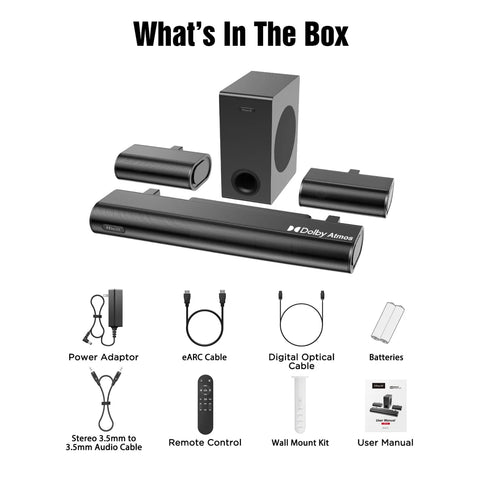 Hiwill A41 4.1ch Soundbar for TV - 300W Power & 5.25" Wired Subwoofer 2 Rear Speakers - Black