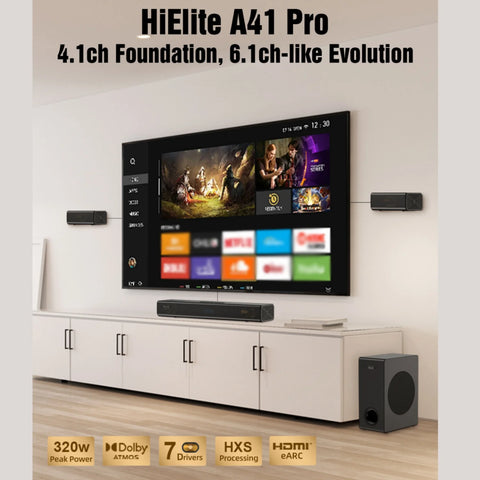 Hiwill A41 Pro 320W Soundbar - Dolby Atmos 4.1ch with 5.25" Subwoofer for Immersive Home Theater Sound - Black