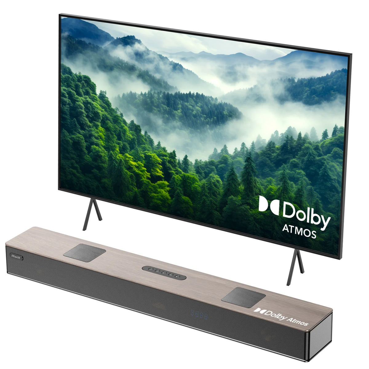 Hiwill A502 Soundbar with Dolby Atmos - 400W dual 2.5" Subwoofers WoNoble Surround for TV - Walnut