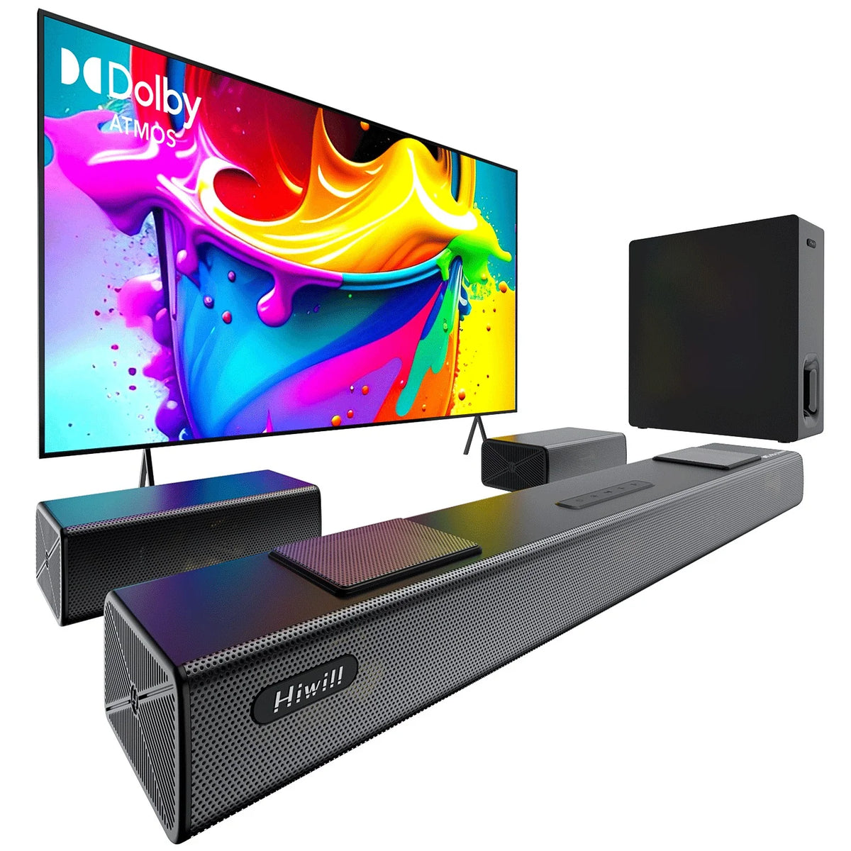 Hiwill A512 5.1.2CH Dolby Atmos Soundbar for TV - 6.5" wireless subwoofer 2 surround speakers 450W Powerful - Black