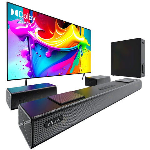 Hiwill A512 5.1.2CH Dolby Atmos Soundbar for TV - 6.5" wireless subwoofer 2 surround speakers 450W Powerful - Black