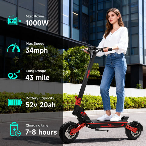 Red Electric Bike 1000W 52V20Ah 43 Miles Dual Suspension