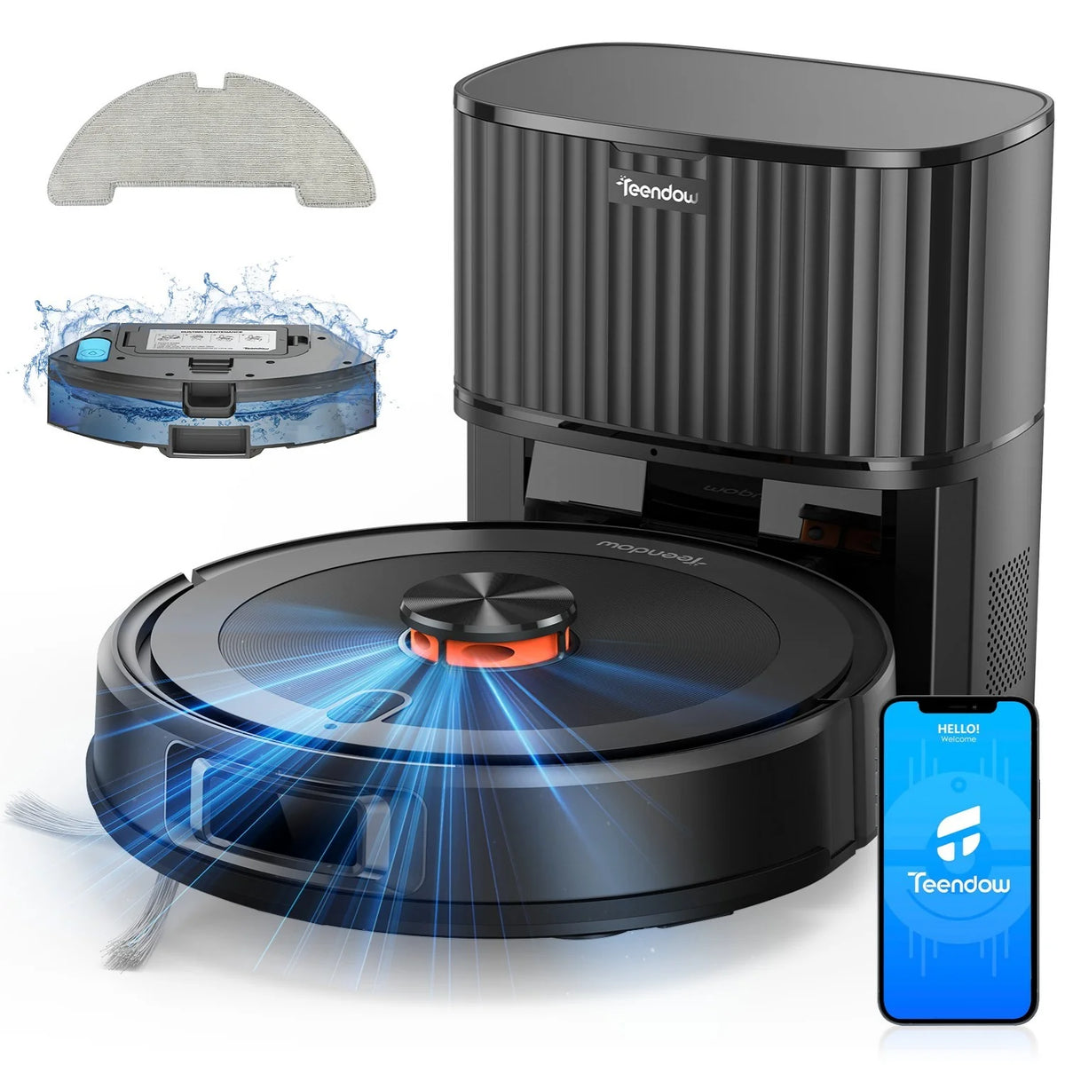 Teendow D10S MAX Robot Vacuum  - Suction 4500Pa Battery 2600mAh Runtime180min low 70dB Noise 300ML+260ML Dustbin Water Tank - Black