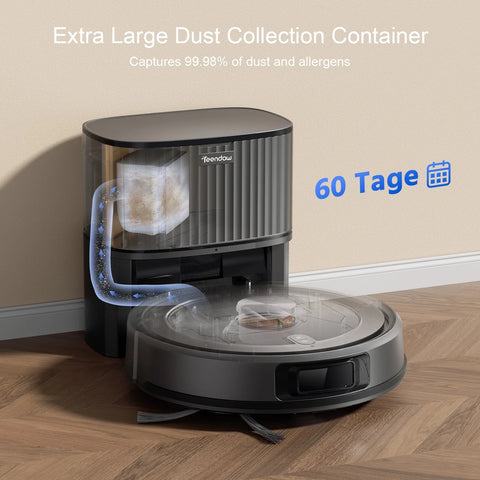 Teendow D10S MAX Robot Vacuum  - Suction 4500Pa Battery 2600mAh Runtime180min low 70dB Noise 300ML+260ML Dustbin Water Tank - Black