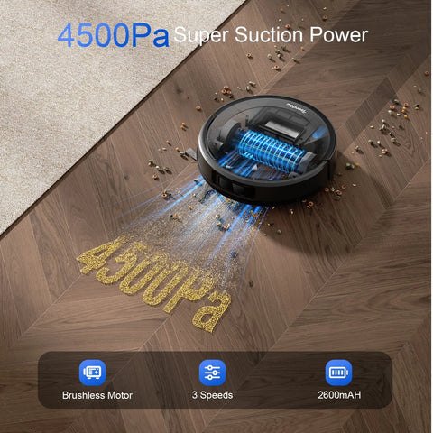 Teendow D10S MAX Robot Vacuum  - Suction 4500Pa Battery 2600mAh Runtime180min low 70dB Noise 300ML+260ML Dustbin Water Tank - Black