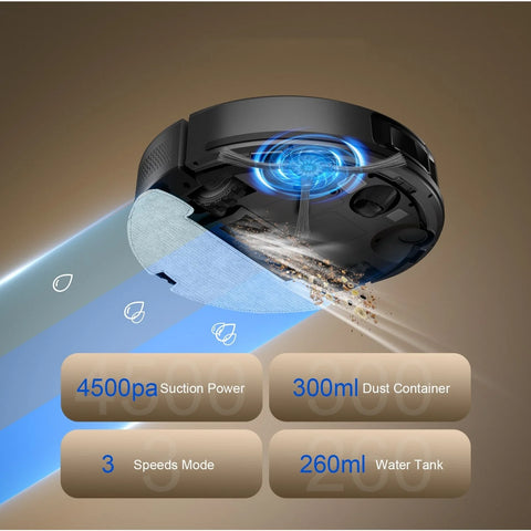 Teendow D10S MAX Robot Vacuum  - Suction 4500Pa Battery 2600mAh Runtime180min low 70dB Noise 300ML+260ML Dustbin Water Tank - Black