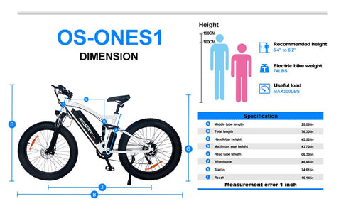 ONESPORT ONES1 Bicicleta eléctrica 26*4.0 Pulgadas Neumáticos Anchos 48V 500W – Blanco