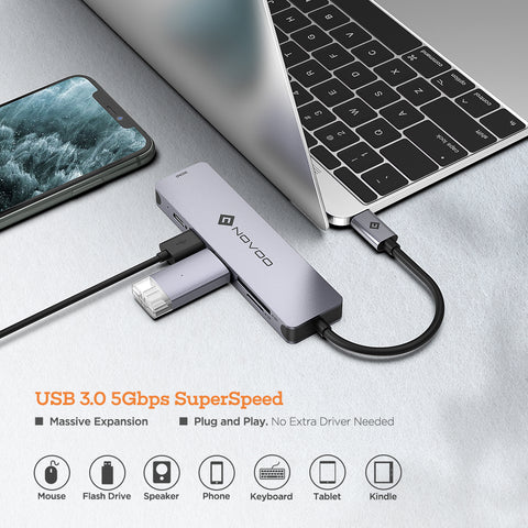 Novoo Portable USB-C 6 in 1 Aluminum Hub Dark Grey