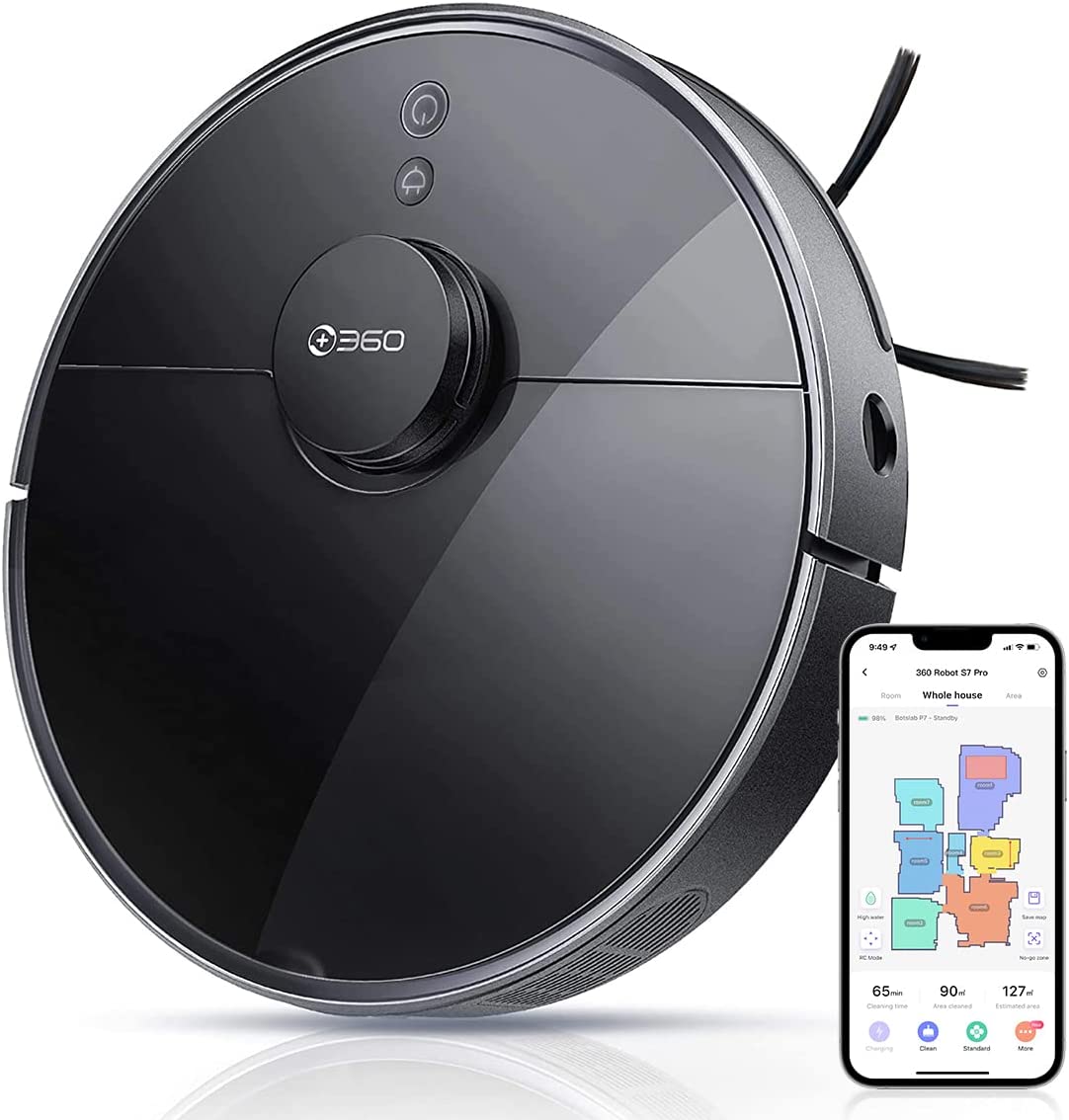 + 360 S7 Pro Robot Vacuum and Mop, LiDAR Mapping, 2650 Pa, No-Go Zones, Selective Room Cleaning