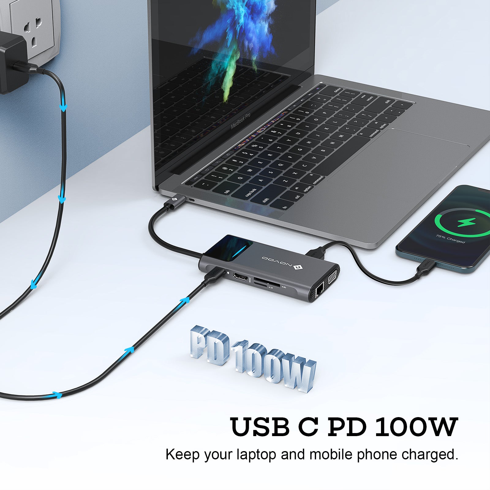 Novoo 9 in 1 USB C Hub Mulitport USB C to Dual Display Adapter 0.15M