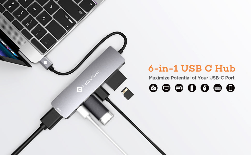 Novoo Portable USB-C 6 in 1 Aluminum Hub Dark Grey